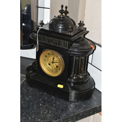 419 - A FRENCH VICTORIAN SLATE MANTEL CLOCK with Greek facade and frieze, height 38cm x width 33cm, (1) (C... 