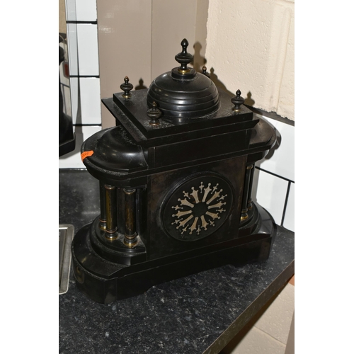 419 - A FRENCH VICTORIAN SLATE MANTEL CLOCK with Greek facade and frieze, height 38cm x width 33cm, (1) (C... 