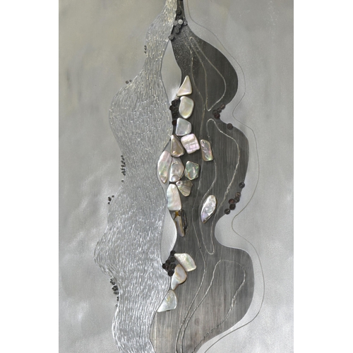 421 - BARRY BRETTELL (CONTEMPORARY) A VINTAGE MIXED MEDIA WALL PLAQUE, the abstract design is composed fro... 