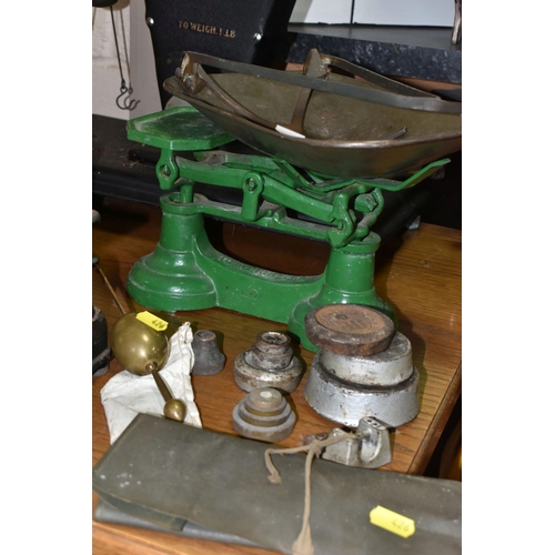 426 - A COLLECTION OF SCALES, MEASURING EQUIPMENT, WEIGHTS, ETC, to include a large Avery Tobacco Scale, a... 