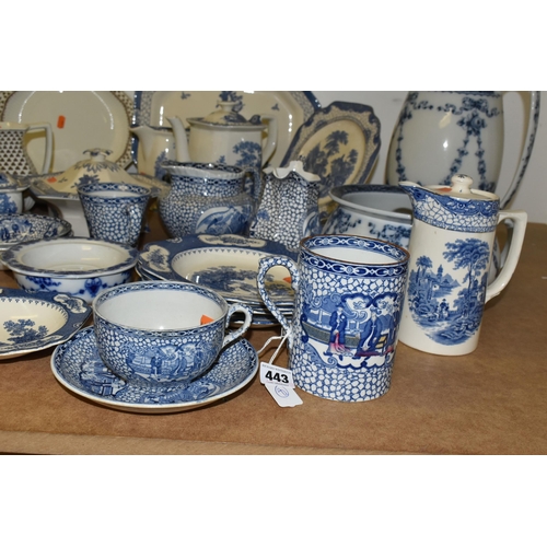 443 - A LARGE QUANTITY OF 'ADAMS' IRONSTONE IN TRADITIONAL BLUE AND WHITE ORIENTAL DESIGNS AND A DINNER SE... 