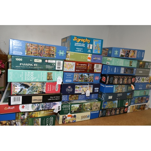 446 - A COLLECTION OF MODERN BOXED JIGSAWS, to include examples by Ravensburger, Jumbo (including Wasgij),... 