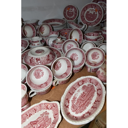 448 - A LARGE COLLECTION OF 'ADAMS' DINNERWARE,  red 'English Scenic' pattern including coffee cups, teacu... 