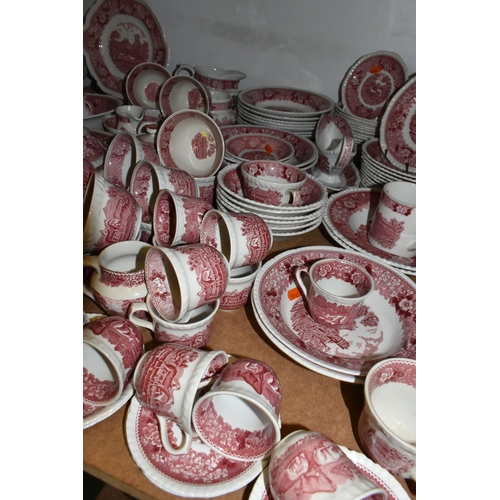 448 - A LARGE COLLECTION OF 'ADAMS' DINNERWARE,  red 'English Scenic' pattern including coffee cups, teacu... 