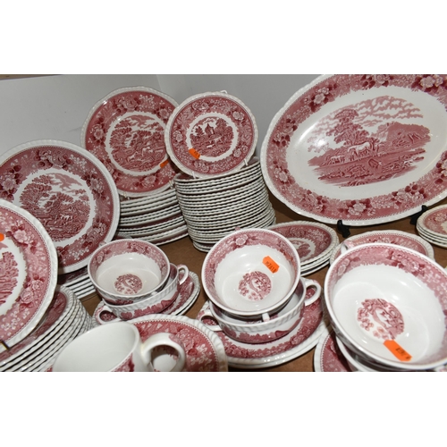 448 - A LARGE COLLECTION OF 'ADAMS' DINNERWARE,  red 'English Scenic' pattern including coffee cups, teacu... 