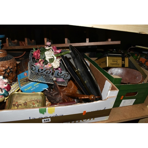 449 - FOUR BOXES AND LOOSE SUNDRIES, to include a selection of vintage travel cases in various sizes, a la... 