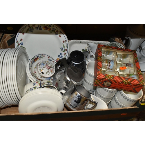 454 - SIX BOXES OF GLASSWARE AND TABLEWARE to include a large variety of 'Royal Doulton' kitchenware in va... 