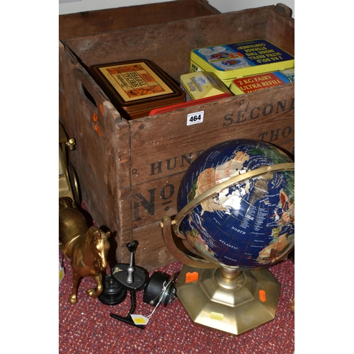 464 - TWO WOODEN CRATES AND LOOSE ADVERTISING TINS, FISHING RODS AND SUNDRY ITEMS, to include the lower tw... 