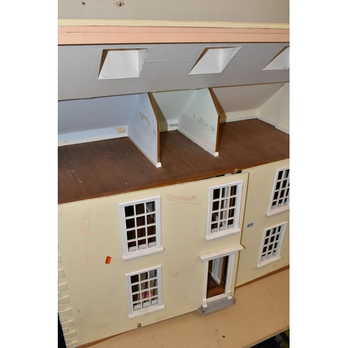 473 - A LARGE MODERN WOODEN DOLLS HOUSE, modelled as a Georgian townhouse, front opening to reveal four ro... 