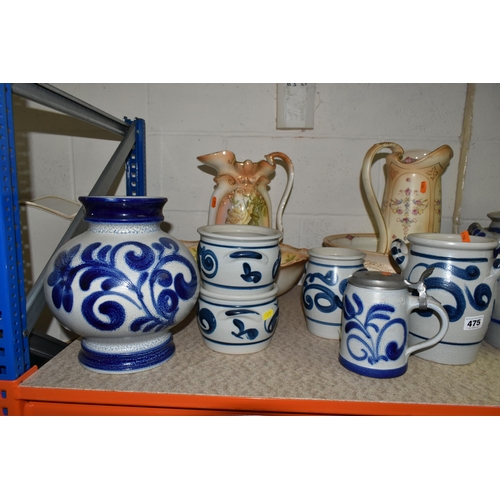 475 - A QUANTITY OF VASES, PLANTERS AND OTHER LARGE CERAMICS AND GLASS WARE, to include mid twentieth cent... 