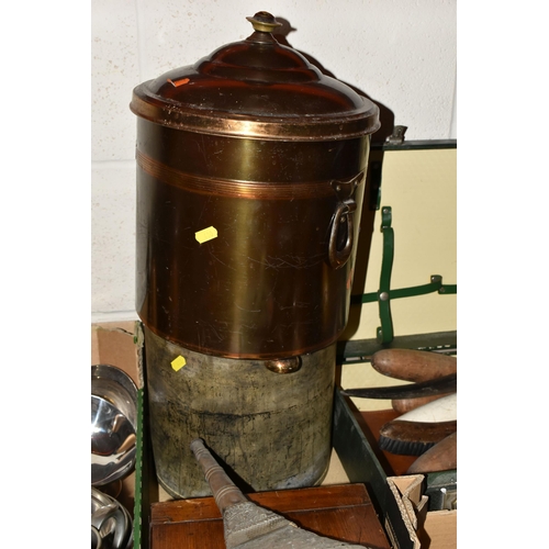 480 - TWO BOXES, A PICNIC HAMPER AND LOOSE METALWARE AND SUNDRY ITEMS, to include vintage advertising tins... 