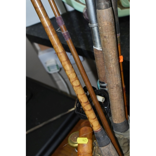 425 - THREE SPLIT CANE FISHING RODS AND A COLLECTION OF WALKING STICKS, three vintage fishing rods with co... 