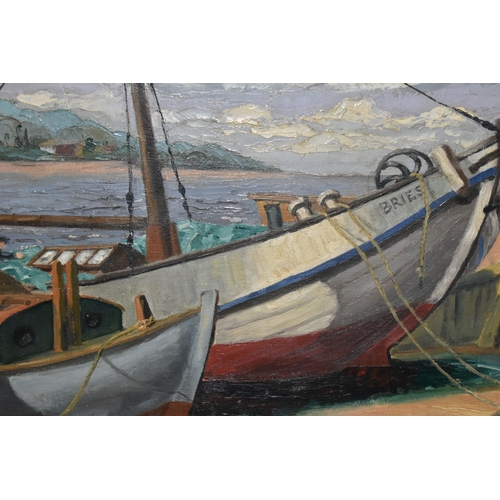 431 - A 20TH CENTURY FISHING BOAT SCENE, two boats are beached at low tide while a male figure tends to th... 