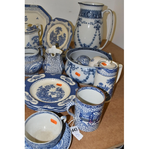 443 - A LARGE QUANTITY OF 'ADAMS' IRONSTONE IN TRADITIONAL BLUE AND WHITE ORIENTAL DESIGNS AND A DINNER SE... 