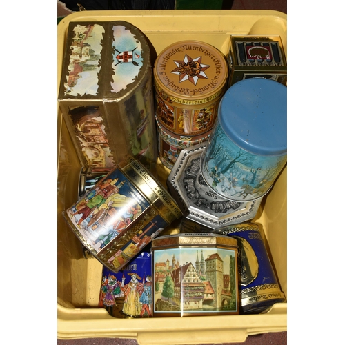 445 - FOUR BOXES OF MIXED SUNDRIES to include a box of vintage continental biscuit tins, 2 boxes of stuffe... 