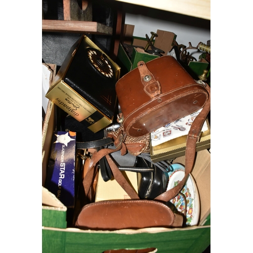 449 - FOUR BOXES AND LOOSE SUNDRIES, to include a selection of vintage travel cases in various sizes, a la... 