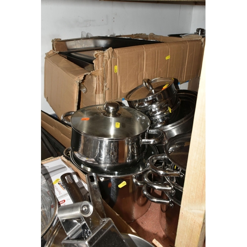 450 - A LARGE QUANTITY OF STAINLESS STEEL KITCHENWARE AND ELECTRICAL APPLIANCES to include pots of various... 