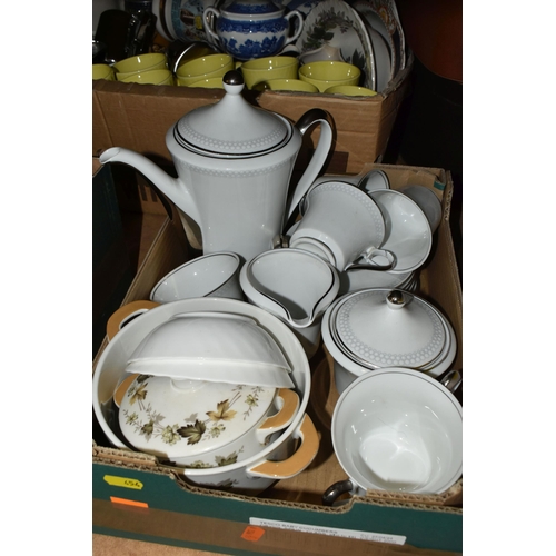 454 - SIX BOXES OF GLASSWARE AND TABLEWARE to include a large variety of 'Royal Doulton' kitchenware in va... 