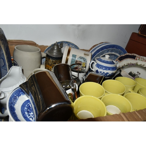 454 - SIX BOXES OF GLASSWARE AND TABLEWARE to include a large variety of 'Royal Doulton' kitchenware in va... 