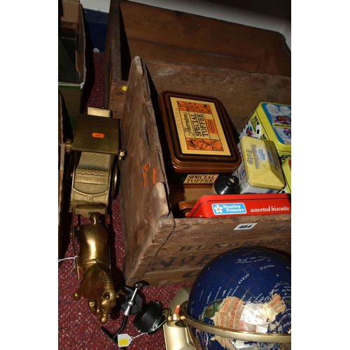 464 - TWO WOODEN CRATES AND LOOSE ADVERTISING TINS, FISHING RODS AND SUNDRY ITEMS, to include the lower tw... 