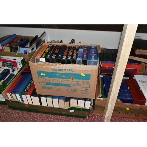 466 - SIX BOXES OF BOOKS & ONE BOX OF VHS TAPES containing over 130 miscellaneous book titles, mostly in h... 