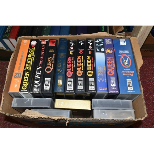 466 - SIX BOXES OF BOOKS & ONE BOX OF VHS TAPES containing over 130 miscellaneous book titles, mostly in h... 