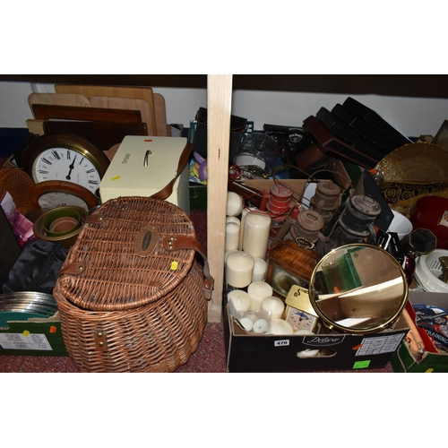 470 - SIX BOXES AND LOOSE MISCELLANEOUS HOME WARES, to include a Sherwood Hampers creel style hamper with ... 