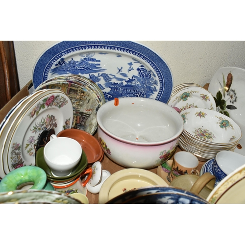 478 - THREE BOXES OF CERAMICS, to include a Denby planter, a Cauldon 'Ching' pattern meat plate, nine coll... 