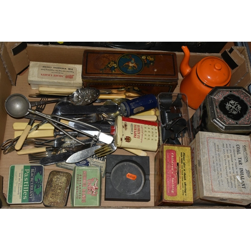 480 - TWO BOXES, A PICNIC HAMPER AND LOOSE METALWARE AND SUNDRY ITEMS, to include vintage advertising tins... 