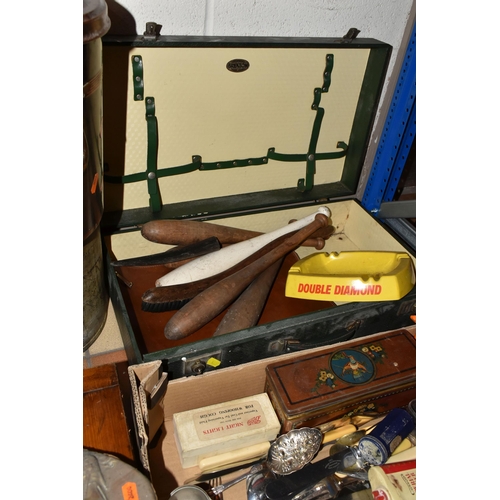 480 - TWO BOXES, A PICNIC HAMPER AND LOOSE METALWARE AND SUNDRY ITEMS, to include vintage advertising tins... 