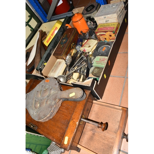 480 - TWO BOXES, A PICNIC HAMPER AND LOOSE METALWARE AND SUNDRY ITEMS, to include vintage advertising tins... 