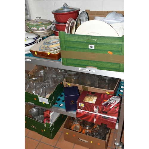 484 - FIVE BOXES AND LOOSE CERAMICS AND GLASSWARE, to include a quantity of Kilner jars, Booths covered tu... 