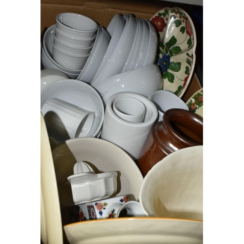 484 - FIVE BOXES AND LOOSE CERAMICS AND GLASSWARE, to include a quantity of Kilner jars, Booths covered tu... 