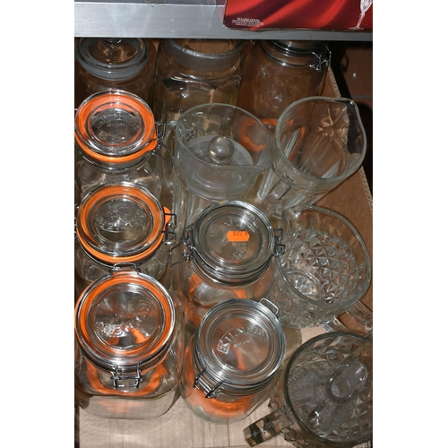 484 - FIVE BOXES AND LOOSE CERAMICS AND GLASSWARE, to include a quantity of Kilner jars, Booths covered tu... 