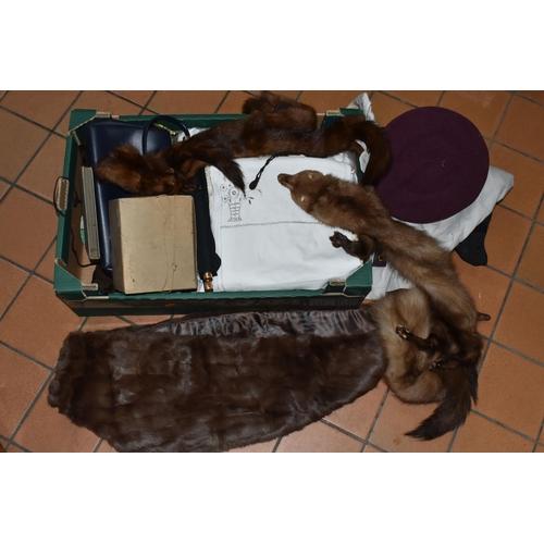 485 - ONE BOX AND LOOSE SUNDRY ITEMS, to include several  fur stoles, a vintage hand Muff, table linen, a ... 