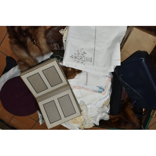 485 - ONE BOX AND LOOSE SUNDRY ITEMS, to include several  fur stoles, a vintage hand Muff, table linen, a ... 