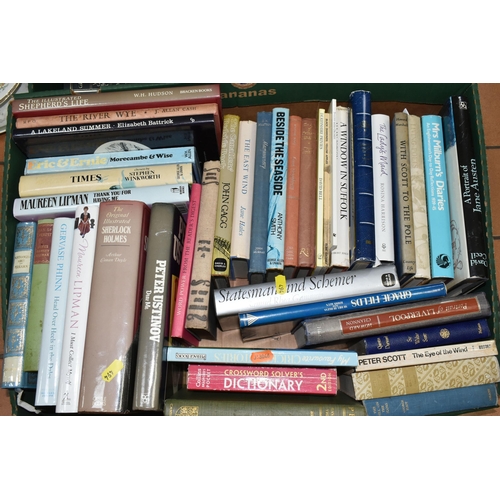 494 - THREE BOXES OF BOOKS containing over 110 miscellaneous titles in hardback and paperback formats, sub... 