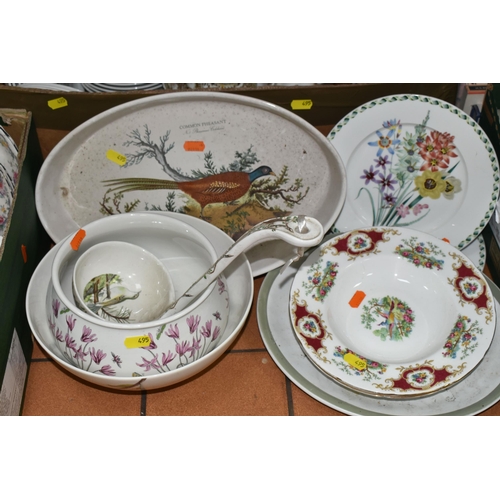 495 - THREE BOXES AND LOOSE CERAMIC TEA AND DINNER WARE, to include a 'Portmeirion Botanic Garden' serving... 