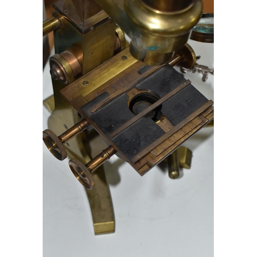 498 - A LARGE BRASS VICTORIAN MICROSCOPE AND OTHER OPTICAL EQUIPMENT, a large double eyepiece microscope i... 