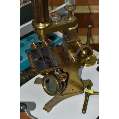 498 - A LARGE BRASS VICTORIAN MICROSCOPE AND OTHER OPTICAL EQUIPMENT, a large double eyepiece microscope i... 