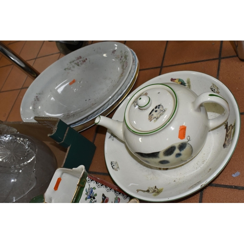 500 - THREE BOXES OF GLASSWARE AND CERAMIC KITCHENWARE to include a variety of collectable plates from nam... 