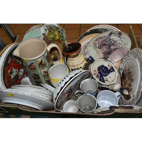 500 - THREE BOXES OF GLASSWARE AND CERAMIC KITCHENWARE to include a variety of collectable plates from nam... 