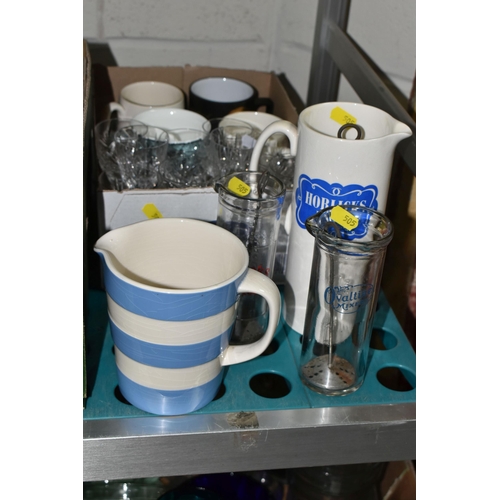 505 - FOUR BOXES AND LOOSE CERAMICS AND GLASSWARE, to include a boxed Wedgwood for Russell Hobbs coffee po... 