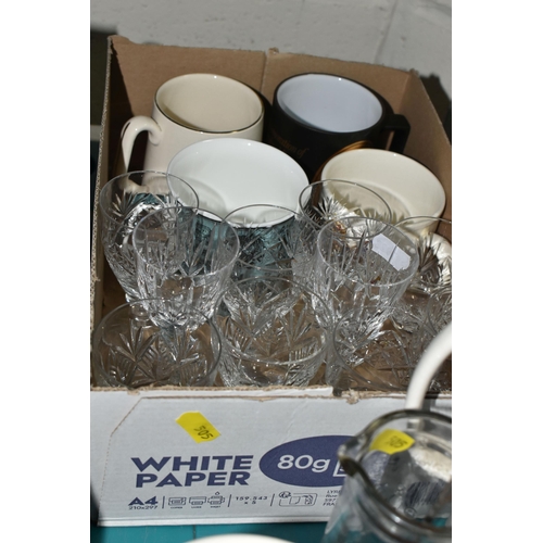 505 - FOUR BOXES AND LOOSE CERAMICS AND GLASSWARE, to include a boxed Wedgwood for Russell Hobbs coffee po... 