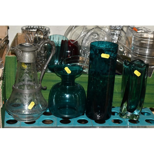 506 - FOUR BOXES AND LOOSE GLASSWARE, to include a claret jug with pewter lid and handle, decorated with e... 