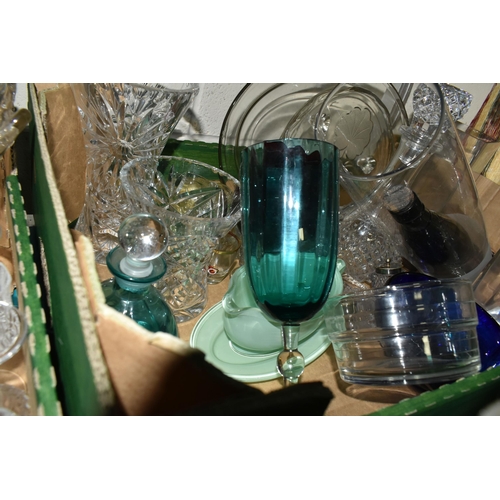 506 - FOUR BOXES AND LOOSE GLASSWARE, to include a claret jug with pewter lid and handle, decorated with e... 