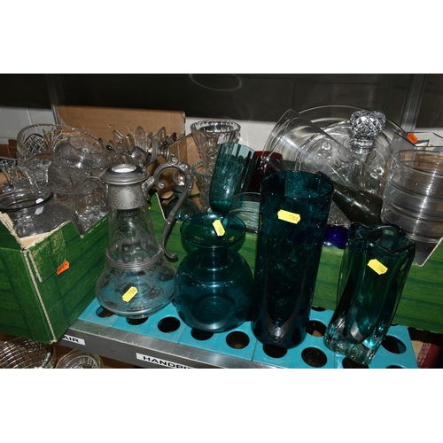 506 - FOUR BOXES AND LOOSE GLASSWARE, to include a claret jug with pewter lid and handle, decorated with e... 