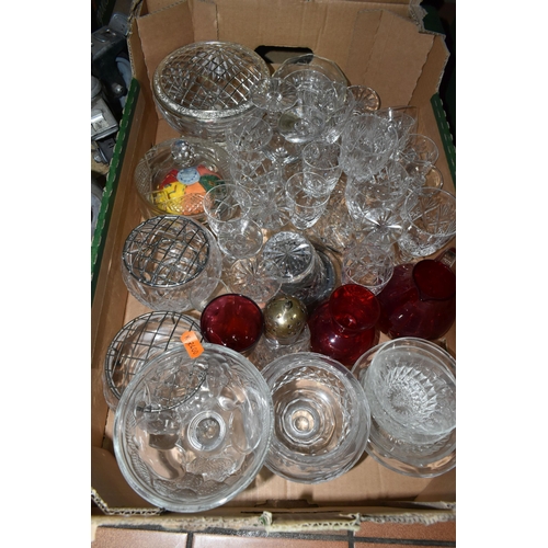 506 - FOUR BOXES AND LOOSE GLASSWARE, to include a claret jug with pewter lid and handle, decorated with e... 