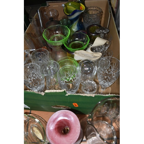 506 - FOUR BOXES AND LOOSE GLASSWARE, to include a claret jug with pewter lid and handle, decorated with e... 