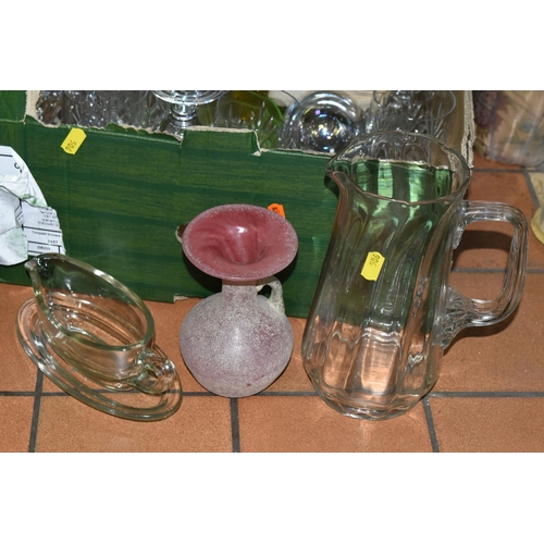 506 - FOUR BOXES AND LOOSE GLASSWARE, to include a claret jug with pewter lid and handle, decorated with e... 